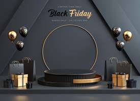 black friday banner background with a podium platform black and gold stuff on a dark scene for product stand in 3d illustration