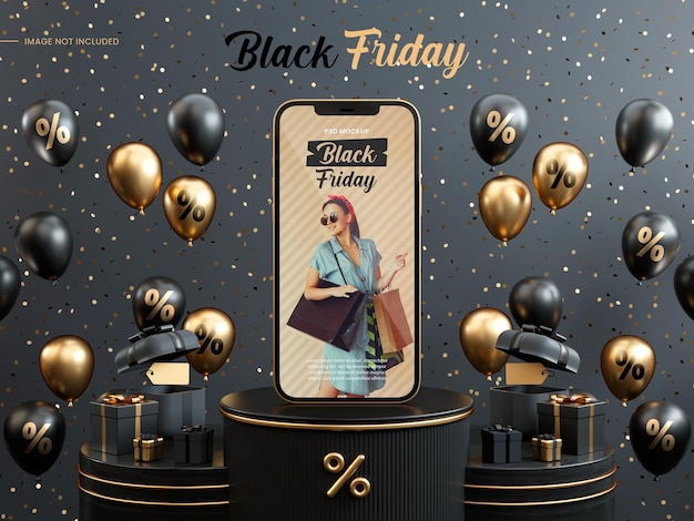 Black friday banner background with mobile phone mockup balloons and gifts on a dark podium platforms