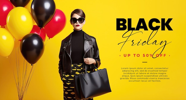 PSD black friday banner background with a woman dressed in black with balloons and copy space