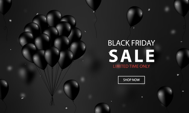 PSD black friday banner mockup with realistic black balloons