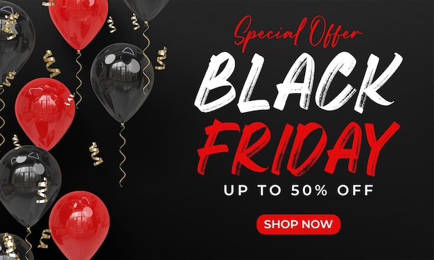 Black Friday Banner Template with 3D Rendering Balloons