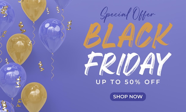 PSD black friday banner template with 3d rendering balloons
