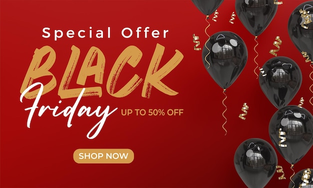 Modello di banner del black friday con palloncini in rendering 3d