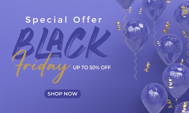 PSD black friday banner template with 3d rendering balloons