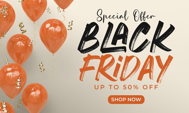 PSD black friday banner template with 3d rendering balloons