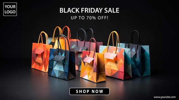 Black friday banner con borse per la spesa di carta psd template