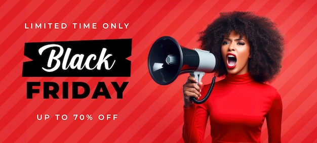 Black Friday-bannerontwerp met een afro-vrouw op rode achtergrond met behulp van megafoon en kopieerruimte