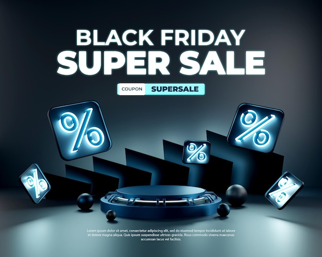 Black friday Creatief concept 3d neonlicht korting podium product display social media instagram postsjabloon