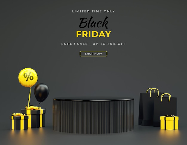 Black Friday donker podiumplatform en geel spul op een donkere achtergrond voor productweergave