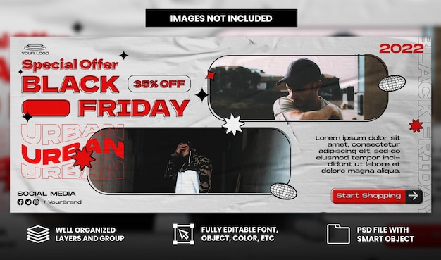 PSD black friday fashion sale with streetwear torn paper style for social media banner template