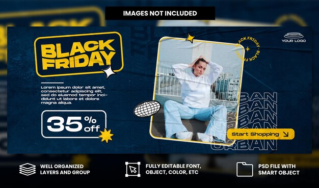 PSD vendita di moda del black friday con stile di carta strappata streetwear per modello di banner di social media