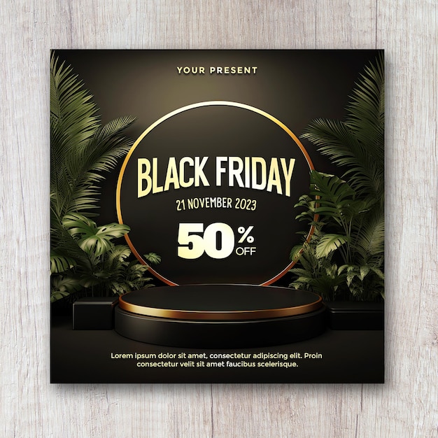 Black friday flyer 3d scenery background template with a podium black and gold color