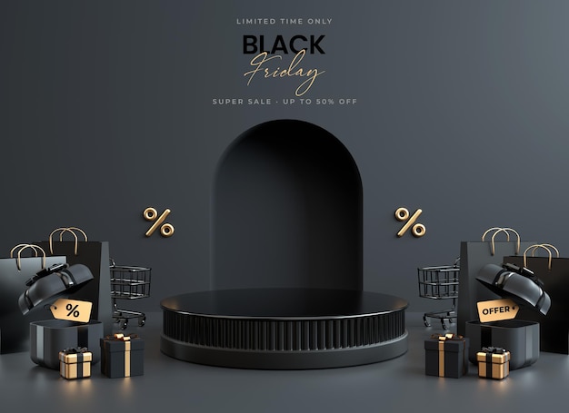 Black Friday flyer-achtergrondsjabloon met een sokkelpodium zwart en goud spul op een donkere scène voor productstandaard in 3D-afbeelding