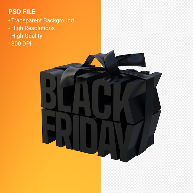 PSD black friday in gift box wrapped with black ribbon isolated