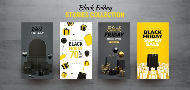 Black friday instagram stories collection. editable texts with shopping stuff in 3d rendering