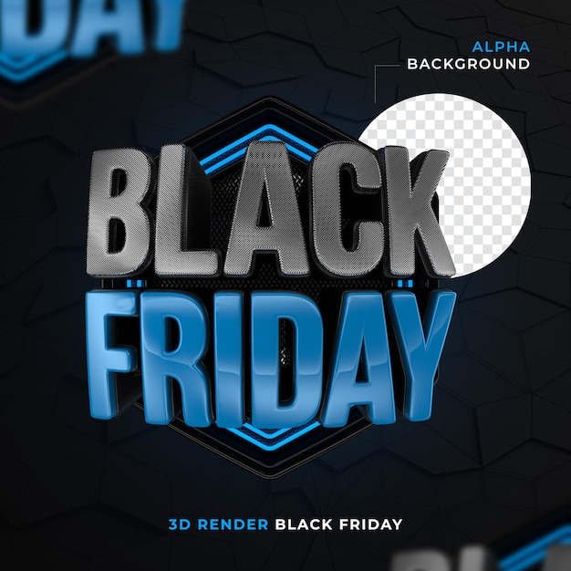 Black friday label in 3D hexagonal and neon render for Premium PSD marketing campaign
