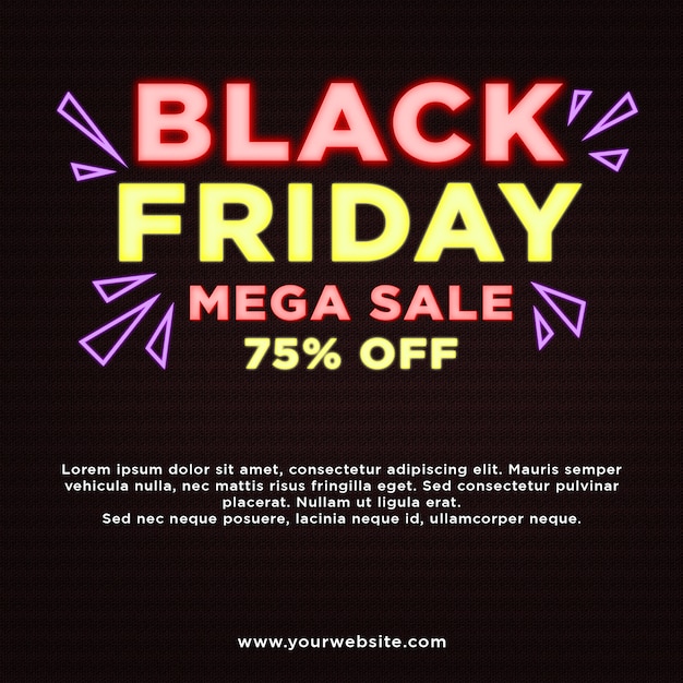 Black friday mega sale 75% off banner in neon  effects