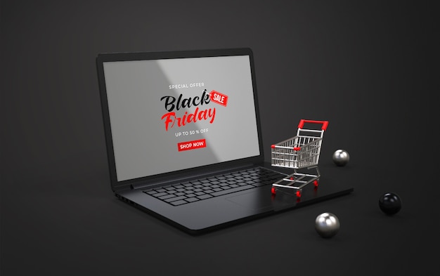 Black friday mockup on laptop with shopping cart