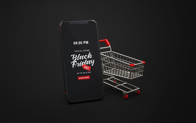 Черная пятница макет на смартфоне с тележкой