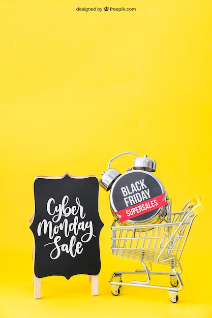 PSD black friday mockup with alarm in cart