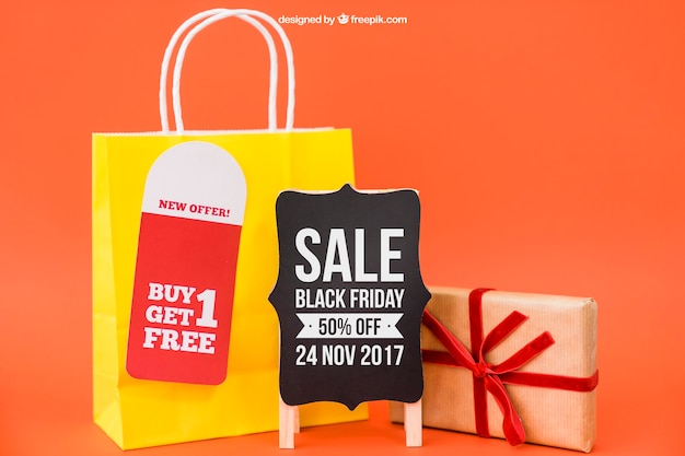 Black friday mockup with bag and board