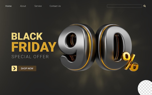 PSD black friday offer 90 percent discount sale banner on dark background 3d render concept for shopping