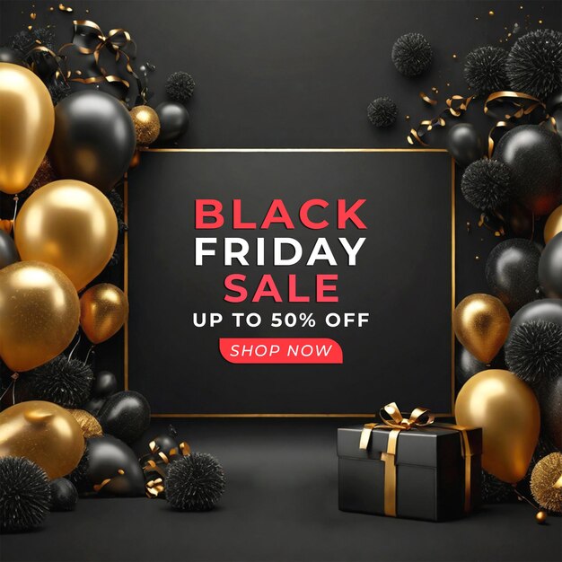 Black Friday Offer Social Media Instagram Post Banner met realistische geschenkdoos en ballonnen