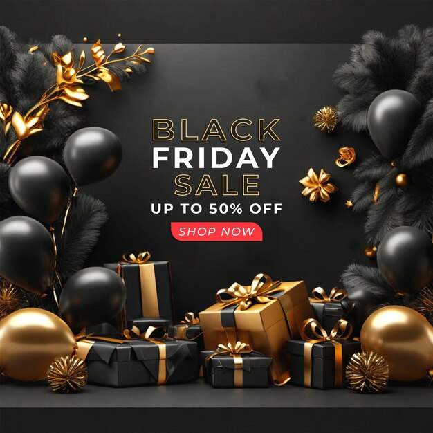 Black Friday Offer Social Media Instagram Post Banner Z Realistycznym Pudełkiem Podarunkowym I Balonami