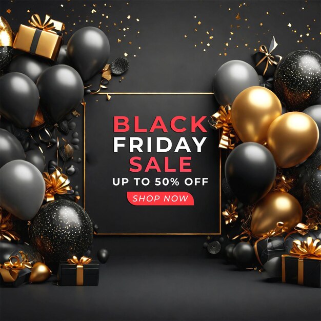 Black Friday Offer Social Media Instagram Post Banner z realistycznym pudełkiem podarunkowym i balonami