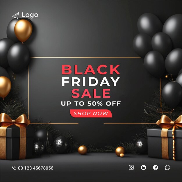 Black Friday Offer Social Media Instagram Post Banner z realistycznym pudełkiem podarunkowym i balonami