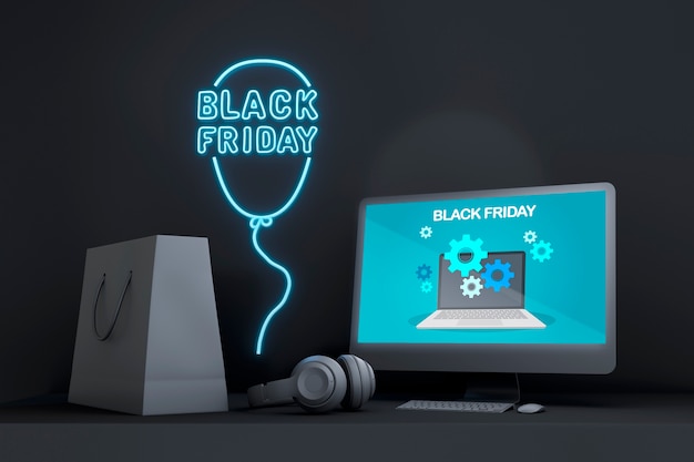 Black friday pc mock-up with blue neon lights