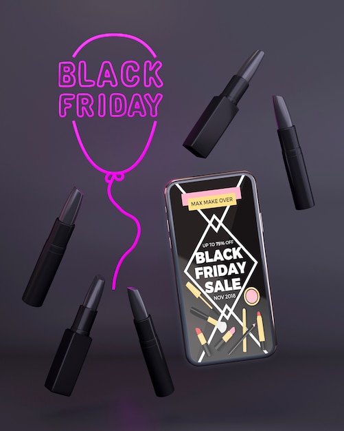 PSD black friday phone mock-up with purple neon lights