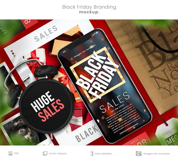 Black friday phone mockup and shopping bag design mockup for store branding