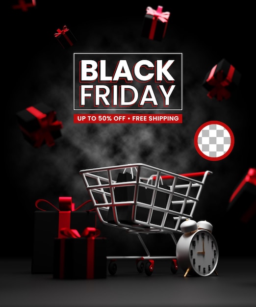 PSD poster del black friday_modello del black friday_3d poster del black friday_carrello 3d