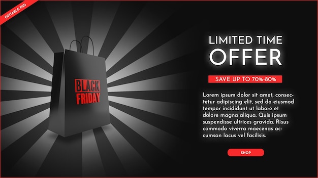 PSD black friday promo banner with 3d shopping bag