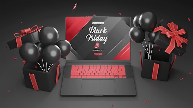 PSD black friday sale 3d laptop mockup with gift and baloon