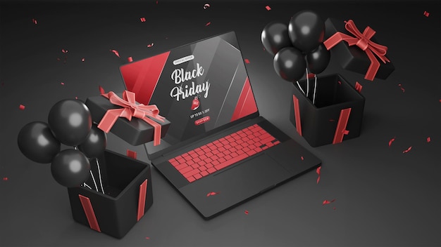 Mockup di laptop 3d in vendita venerdì nero con regalo e baloon