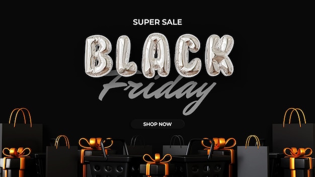 PSD black friday sale banner background with realistic and luxury gift boxes on dark background