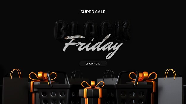 PSD black friday sale banner background with realistic and luxury gift boxes on dark background