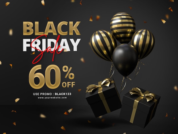 Black Friday Sale Banner Design Template met realistische ballonnen en geschenkdoos
