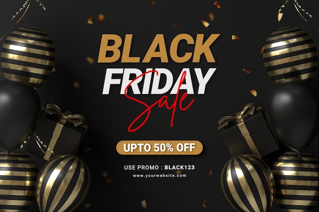 Black Friday Sale Banner Design Template met realistische ballonnen en geschenkdoos