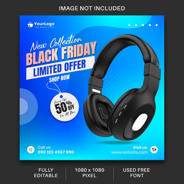 black friday Sale Banner Social media post Instagram template black headphone blue background