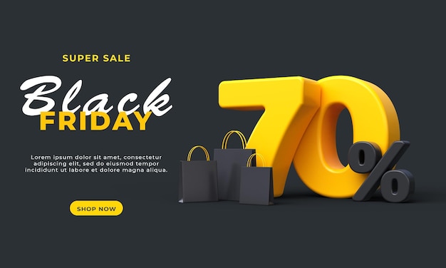 Black friday sale banner template 70 percent discount 3d render