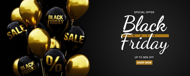 PSD black friday sale banner template with 3d balloon with sale text