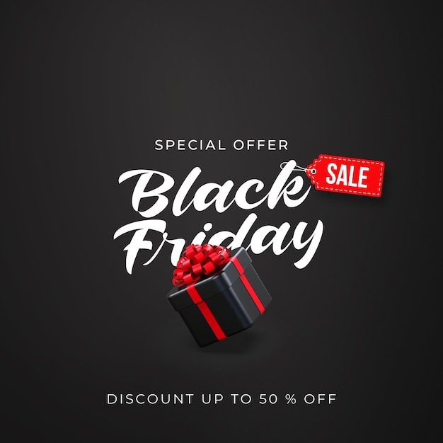 PSD black friday sale banner template with 3d black gift box
