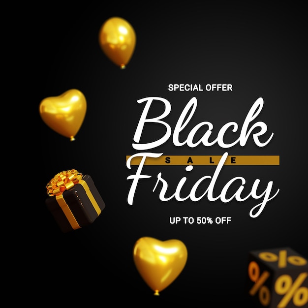Black Friday Sale Banner Template with 3d Gift Box and Balloon