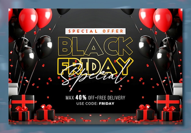 Black friday sale banner template with 3d gifts and balloons