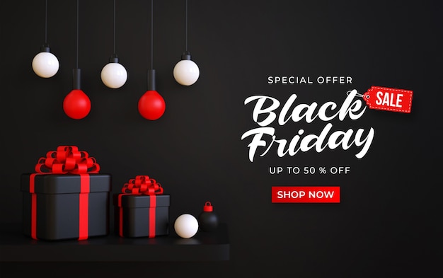 Black friday sale banner template with 3d gifts boxes and hanging lamps