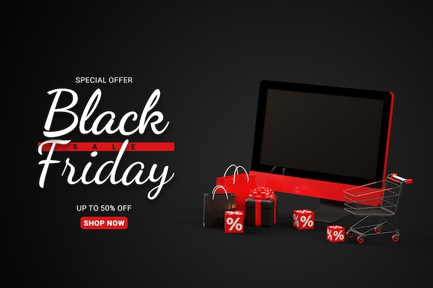 Black friday sale banner template with 3d red monitor and gift box