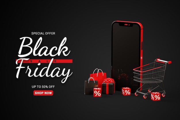 Black friday sale banner template with 3d red smartphone and gift box